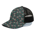 Christmas Floral Dragonfly Pattern Print Black Mesh Trucker Cap