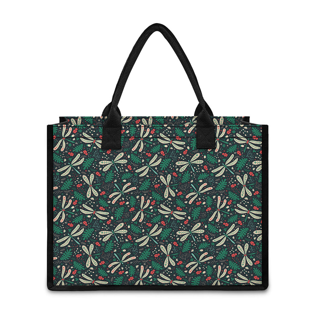Christmas Floral Dragonfly Pattern Print Canvas Tote Bag