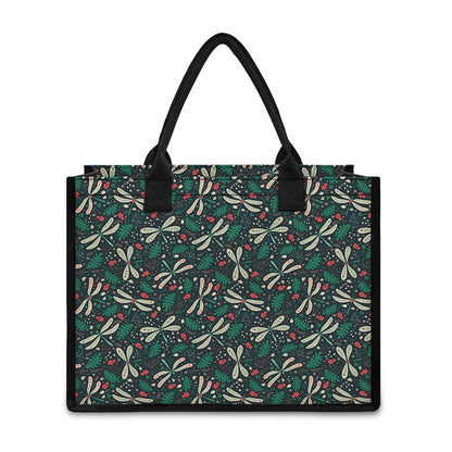 Christmas Floral Dragonfly Pattern Print Canvas Tote Bag