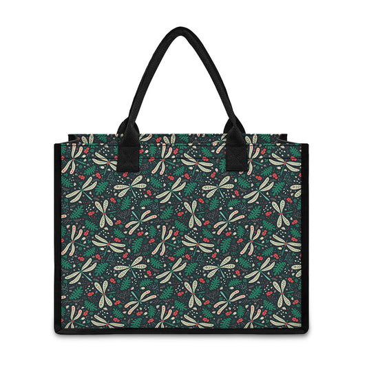 Christmas Floral Dragonfly Pattern Print Canvas Tote Bag