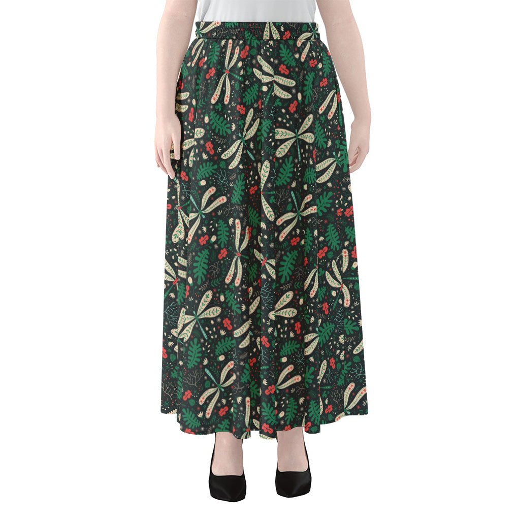 Christmas Floral Dragonfly Pattern Print Chiffon Maxi Skirt