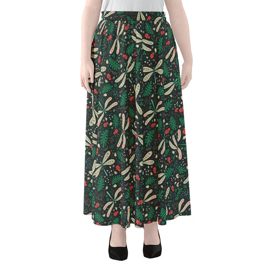 Christmas Floral Dragonfly Pattern Print Chiffon Maxi Skirt