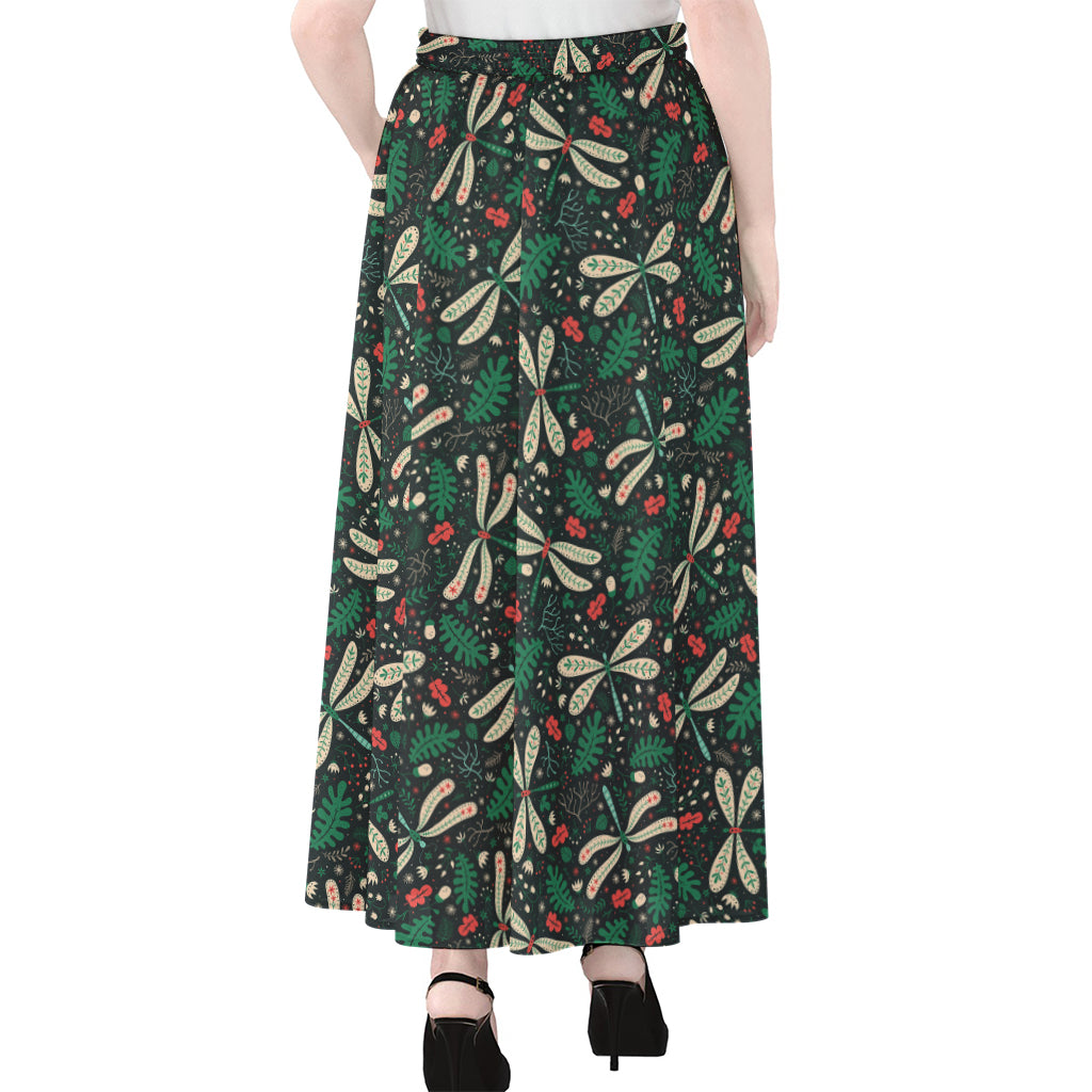 Christmas Floral Dragonfly Pattern Print Chiffon Maxi Skirt