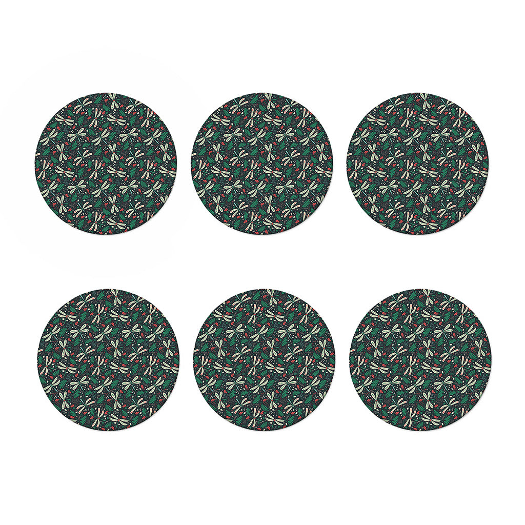 Christmas Floral Dragonfly Pattern Print Coaster Set
