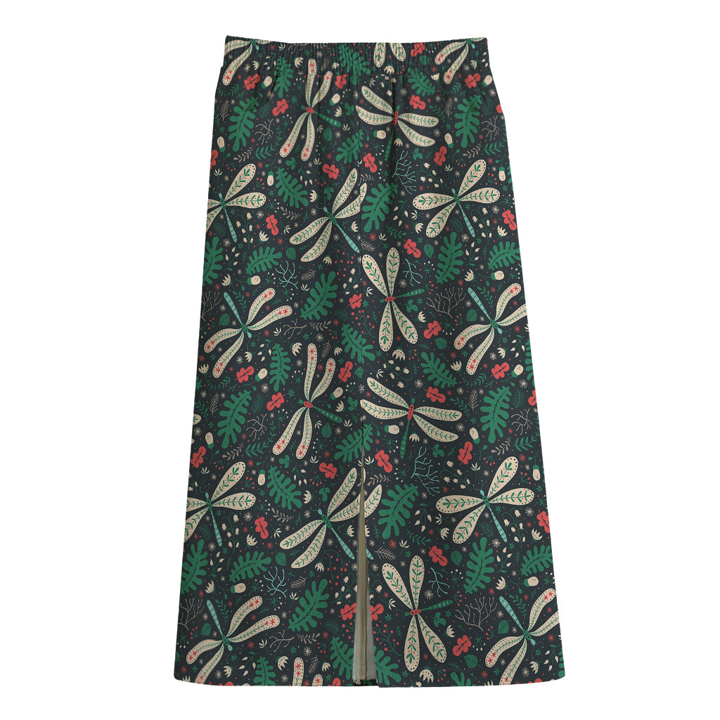 Christmas Floral Dragonfly Pattern Print Cotton Front Slit Maxi Skirt