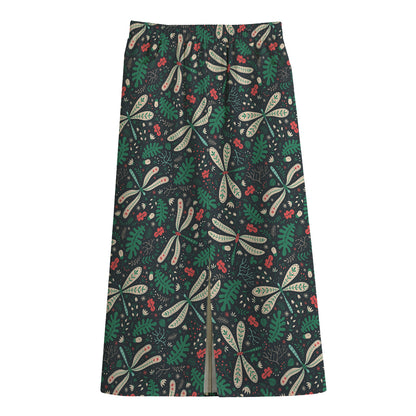Christmas Floral Dragonfly Pattern Print Cotton Front Slit Maxi Skirt