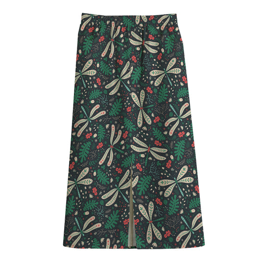 Christmas Floral Dragonfly Pattern Print Cotton Front Slit Maxi Skirt
