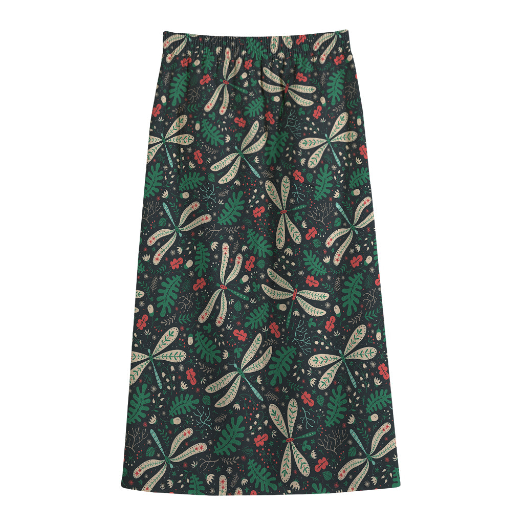 Christmas Floral Dragonfly Pattern Print Cotton Front Slit Maxi Skirt