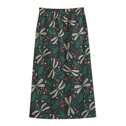 Christmas Floral Dragonfly Pattern Print Cotton Front Slit Maxi Skirt
