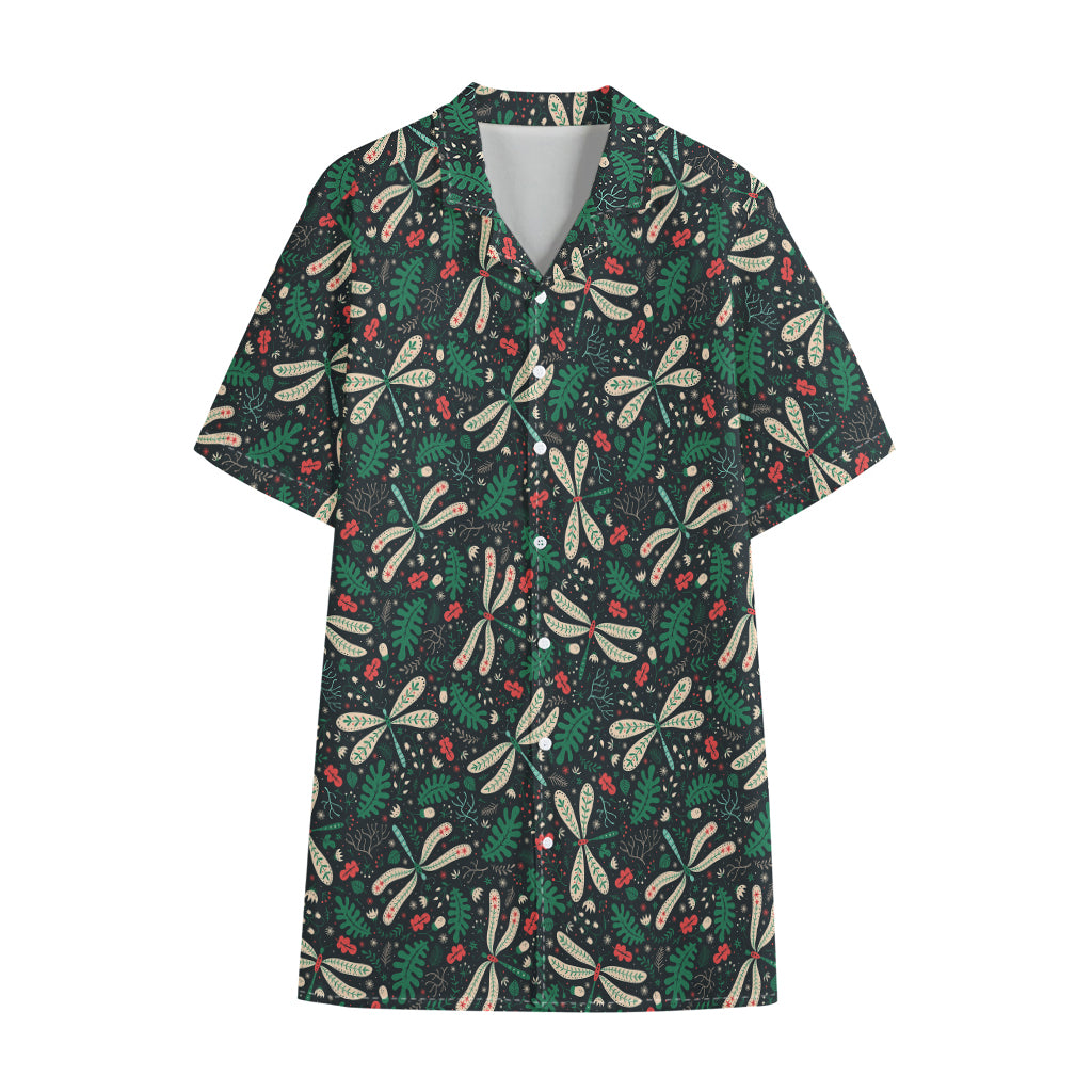 Christmas Floral Dragonfly Pattern Print Cotton Hawaiian Shirt