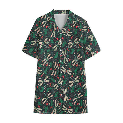 Christmas Floral Dragonfly Pattern Print Cotton Hawaiian Shirt