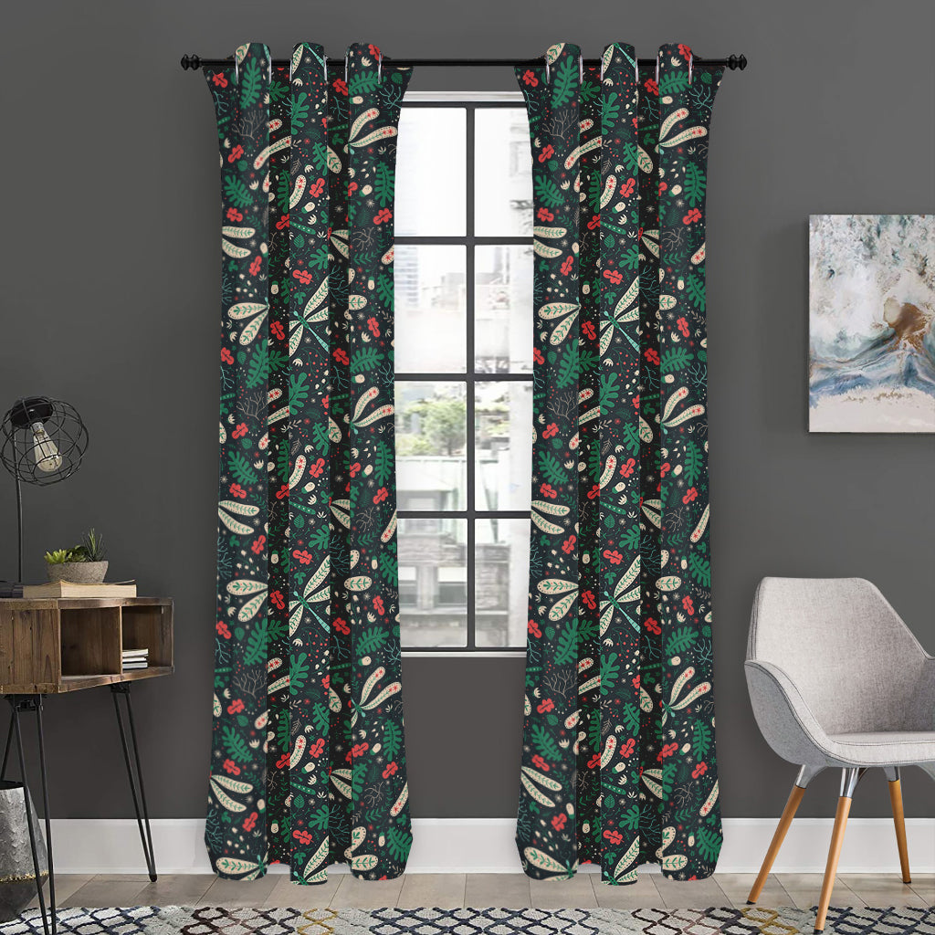 Christmas Floral Dragonfly Pattern Print Curtain