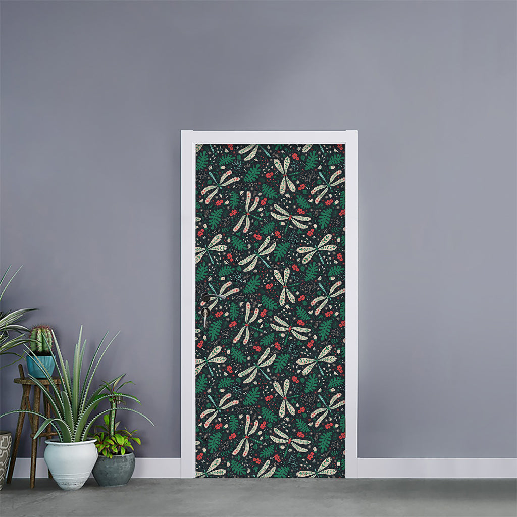 Christmas Floral Dragonfly Pattern Print Door Sticker