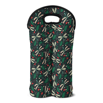 Christmas Floral Dragonfly Pattern Print Double Neoprene Wine Tote