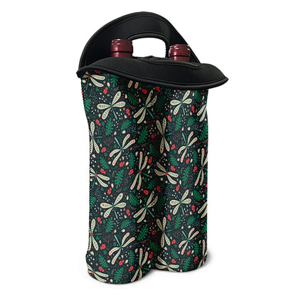 Christmas Floral Dragonfly Pattern Print Double Neoprene Wine Tote