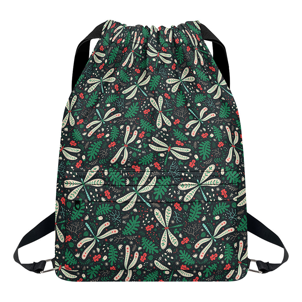 Christmas Floral Dragonfly Pattern Print Drawstring Backpack