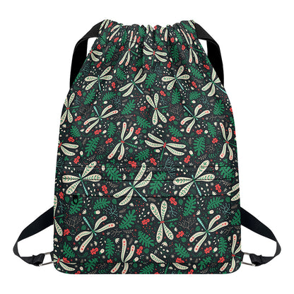 Christmas Floral Dragonfly Pattern Print Drawstring Backpack