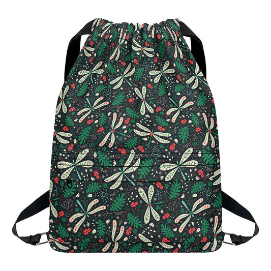 Christmas Floral Dragonfly Pattern Print Drawstring Backpack