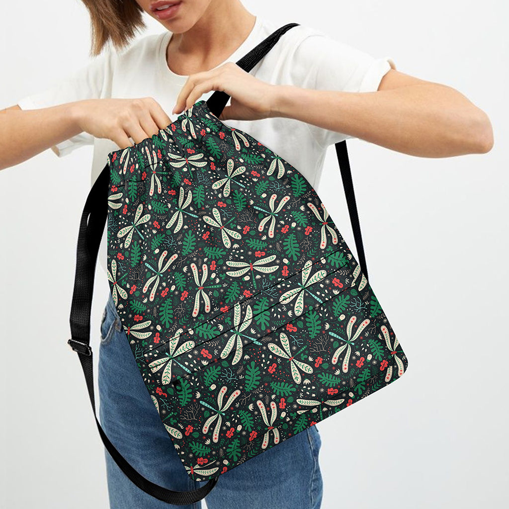 Christmas Floral Dragonfly Pattern Print Drawstring Backpack