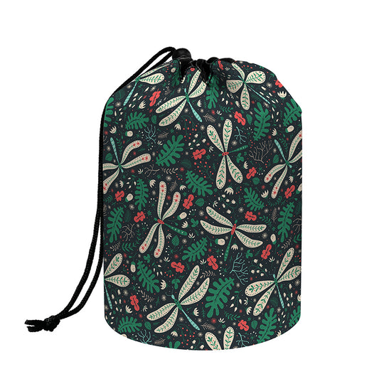 Christmas Floral Dragonfly Pattern Print Drawstring Makeup Bag