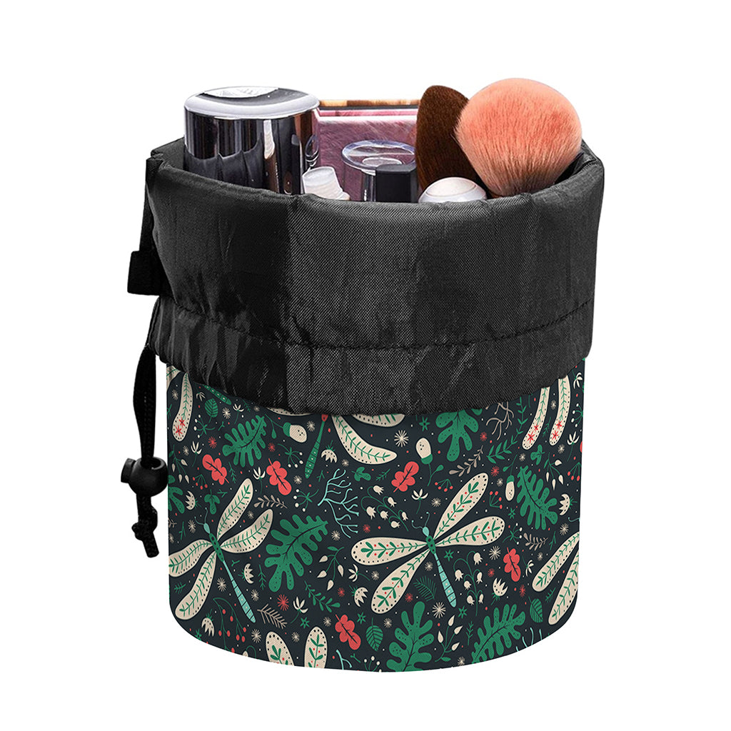 Christmas Floral Dragonfly Pattern Print Drawstring Makeup Bag