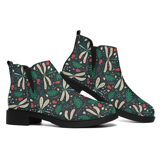 Christmas Floral Dragonfly Pattern Print Flat Ankle Boots