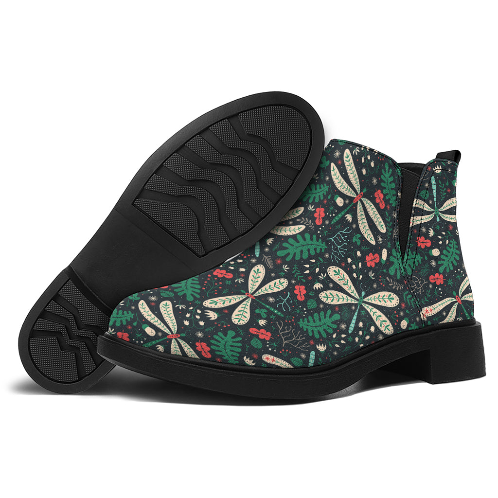 Christmas Floral Dragonfly Pattern Print Flat Ankle Boots