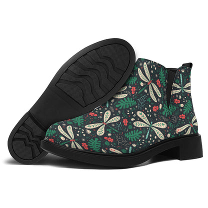 Christmas Floral Dragonfly Pattern Print Flat Ankle Boots