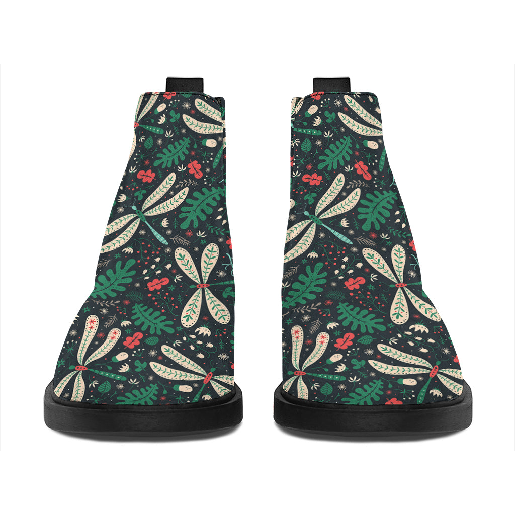 Christmas Floral Dragonfly Pattern Print Flat Ankle Boots