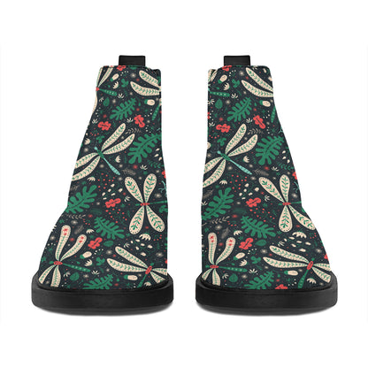 Christmas Floral Dragonfly Pattern Print Flat Ankle Boots