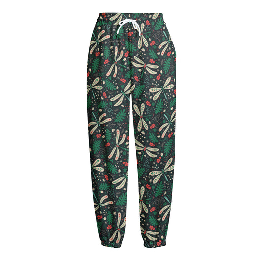 Christmas Floral Dragonfly Pattern Print Fleece Lined Knit Pants