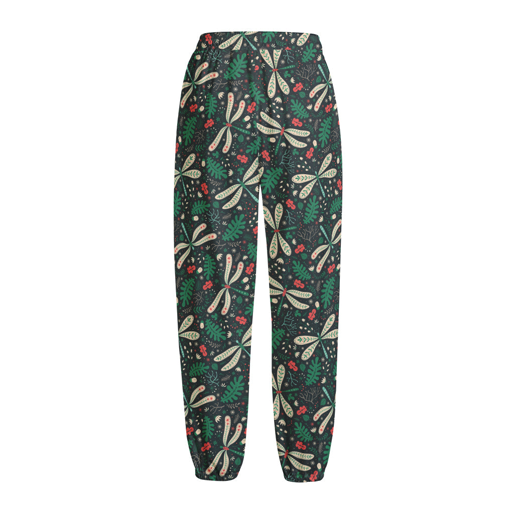 Christmas Floral Dragonfly Pattern Print Fleece Lined Knit Pants
