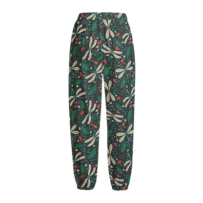 Christmas Floral Dragonfly Pattern Print Fleece Lined Knit Pants