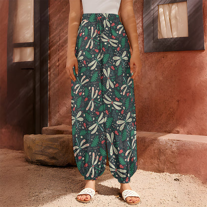 Christmas Floral Dragonfly Pattern Print Harem Pants