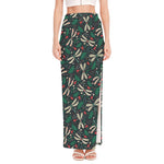 Christmas Floral Dragonfly Pattern Print High Slit Maxi Skirt