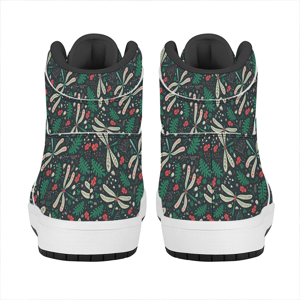 Christmas Floral Dragonfly Pattern Print High Top Leather Sneakers