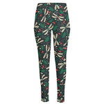 Christmas Floral Dragonfly Pattern Print High-Waisted Pocket Leggings