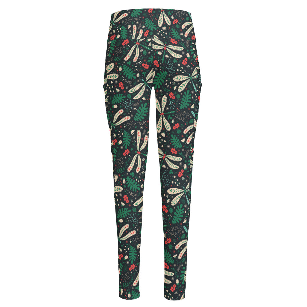 Christmas Floral Dragonfly Pattern Print High-Waisted Pocket Leggings