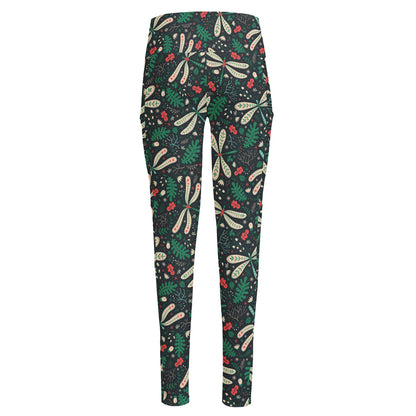 Christmas Floral Dragonfly Pattern Print High-Waisted Pocket Leggings