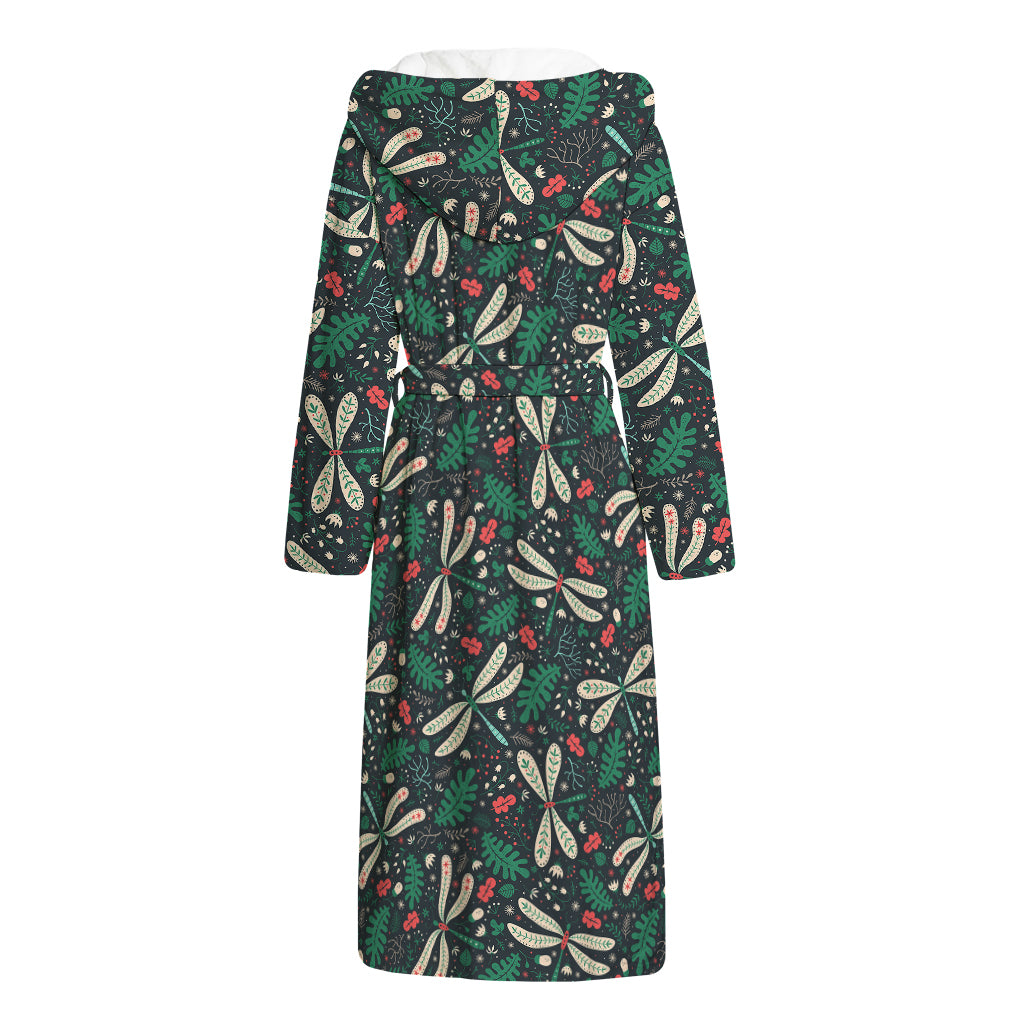 Christmas Floral Dragonfly Pattern Print Hooded Bathrobe