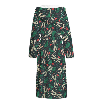 Christmas Floral Dragonfly Pattern Print Hooded Bathrobe