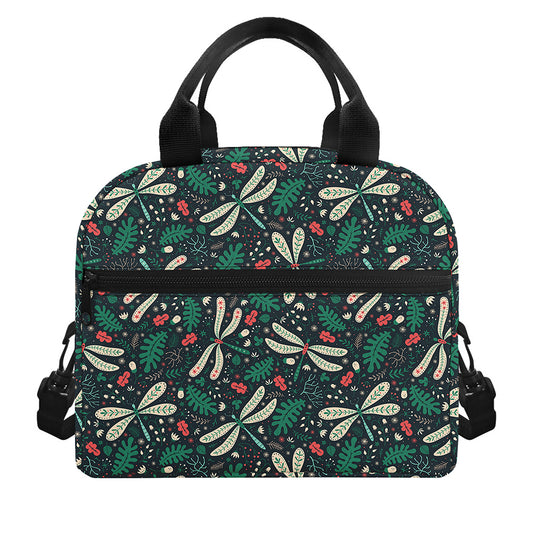 Christmas Floral Dragonfly Pattern Print Insulated Lunch Bag