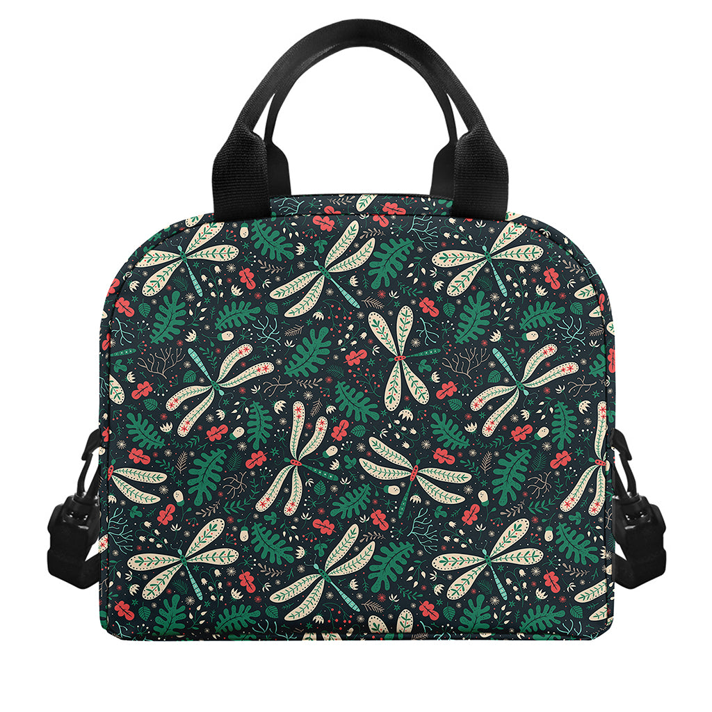 Christmas Floral Dragonfly Pattern Print Insulated Lunch Bag