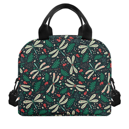 Christmas Floral Dragonfly Pattern Print Insulated Lunch Bag