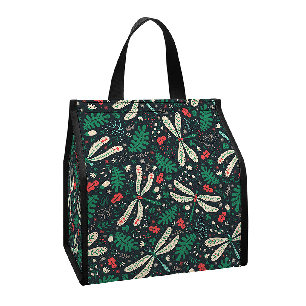Christmas Floral Dragonfly Pattern Print Insulated Lunch Tote