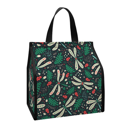 Christmas Floral Dragonfly Pattern Print Insulated Lunch Tote