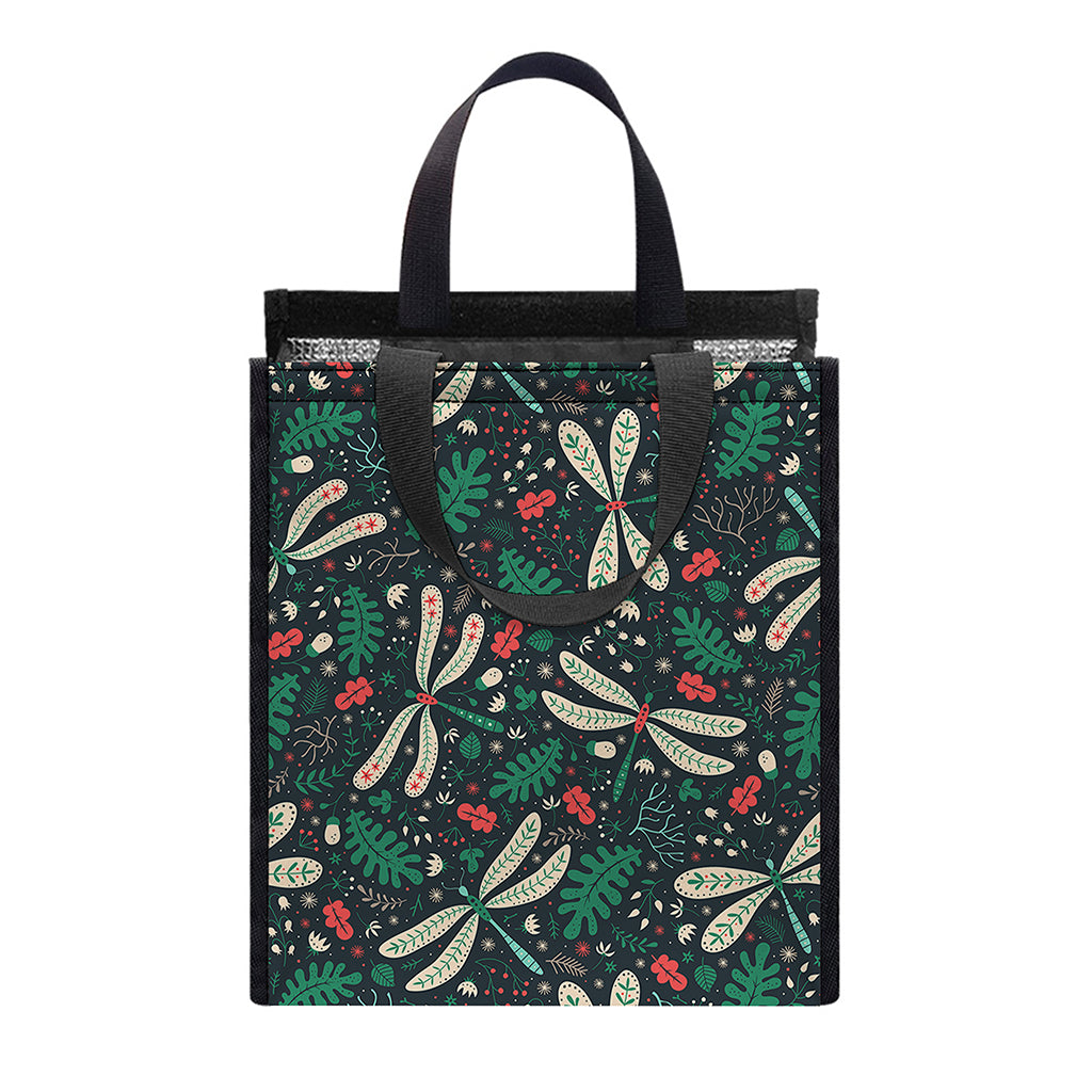 Christmas Floral Dragonfly Pattern Print Insulated Lunch Tote