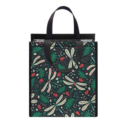 Christmas Floral Dragonfly Pattern Print Insulated Lunch Tote