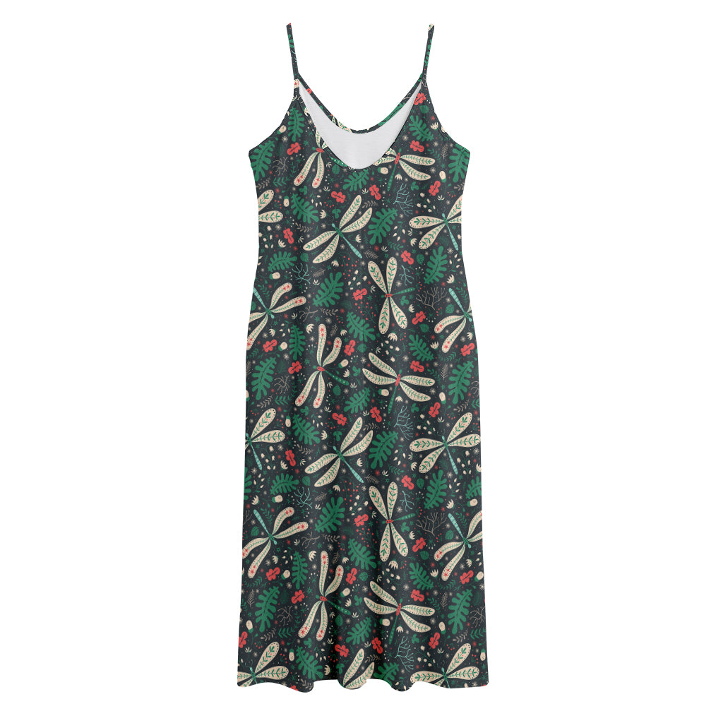 Christmas Floral Dragonfly Pattern Print Jersey Midi Cami Dress