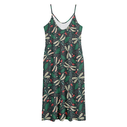 Christmas Floral Dragonfly Pattern Print Jersey Midi Cami Dress